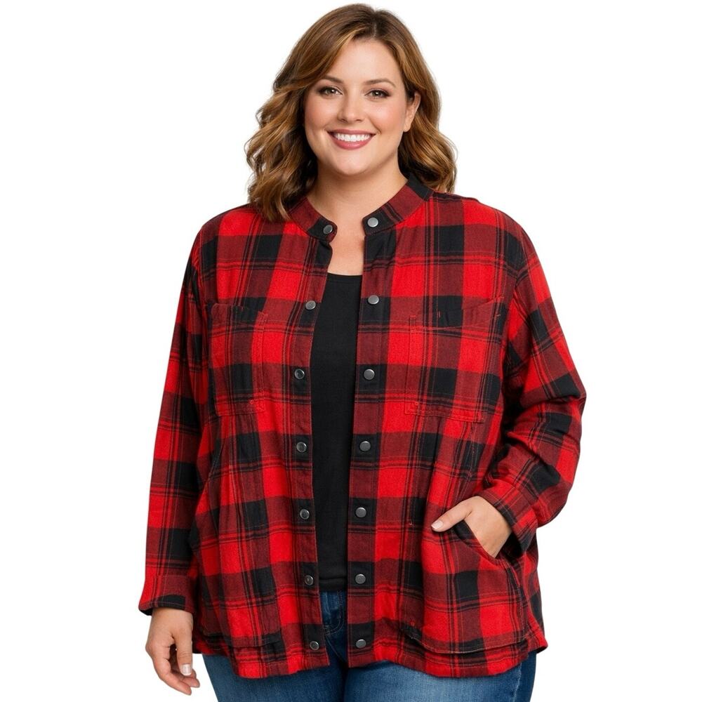 Duluth Trading Co Women’s 2XL Red Black Plaid Flannel Snap Shirt Jacket Cotton